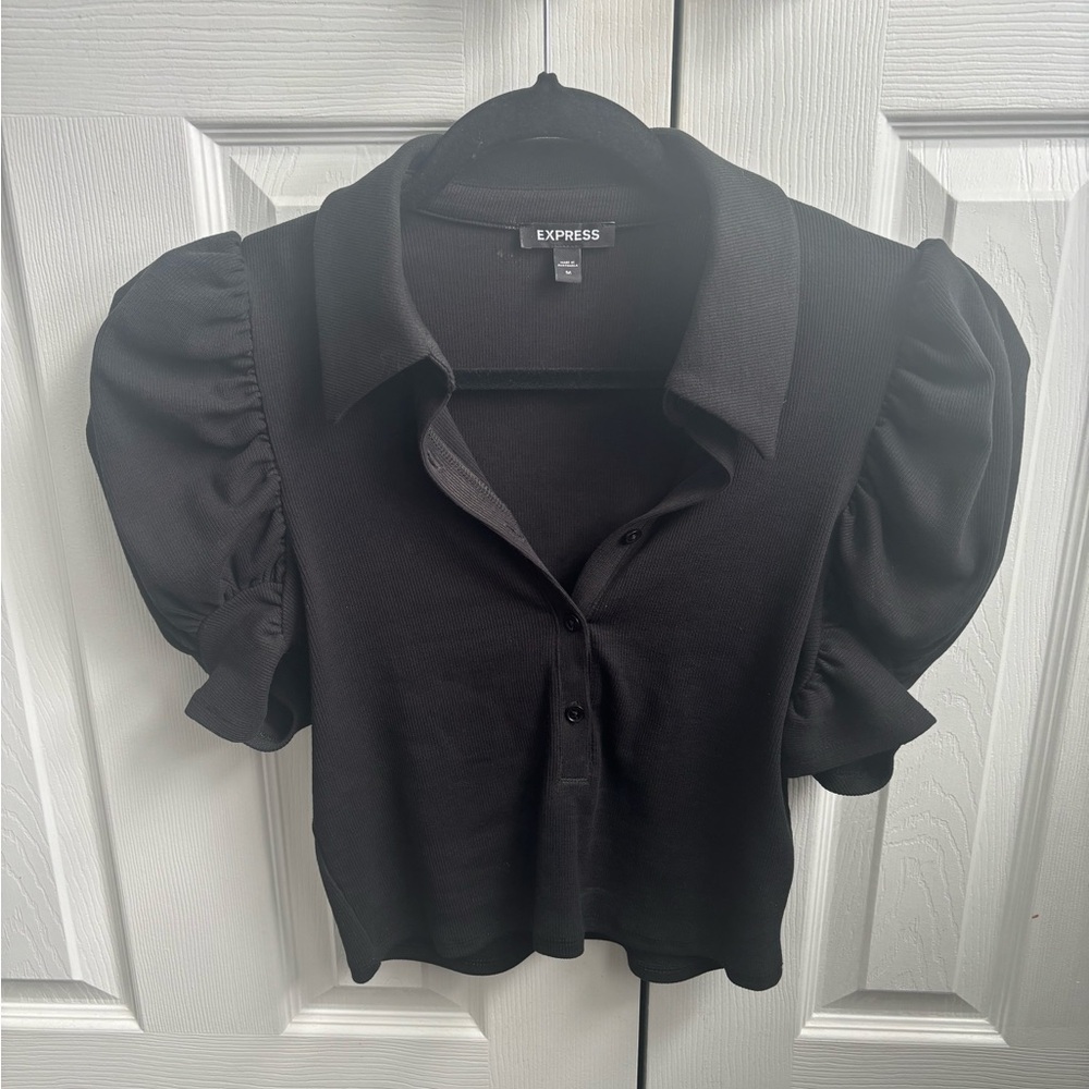 Express Crop Black Puff Sleeve Blouse